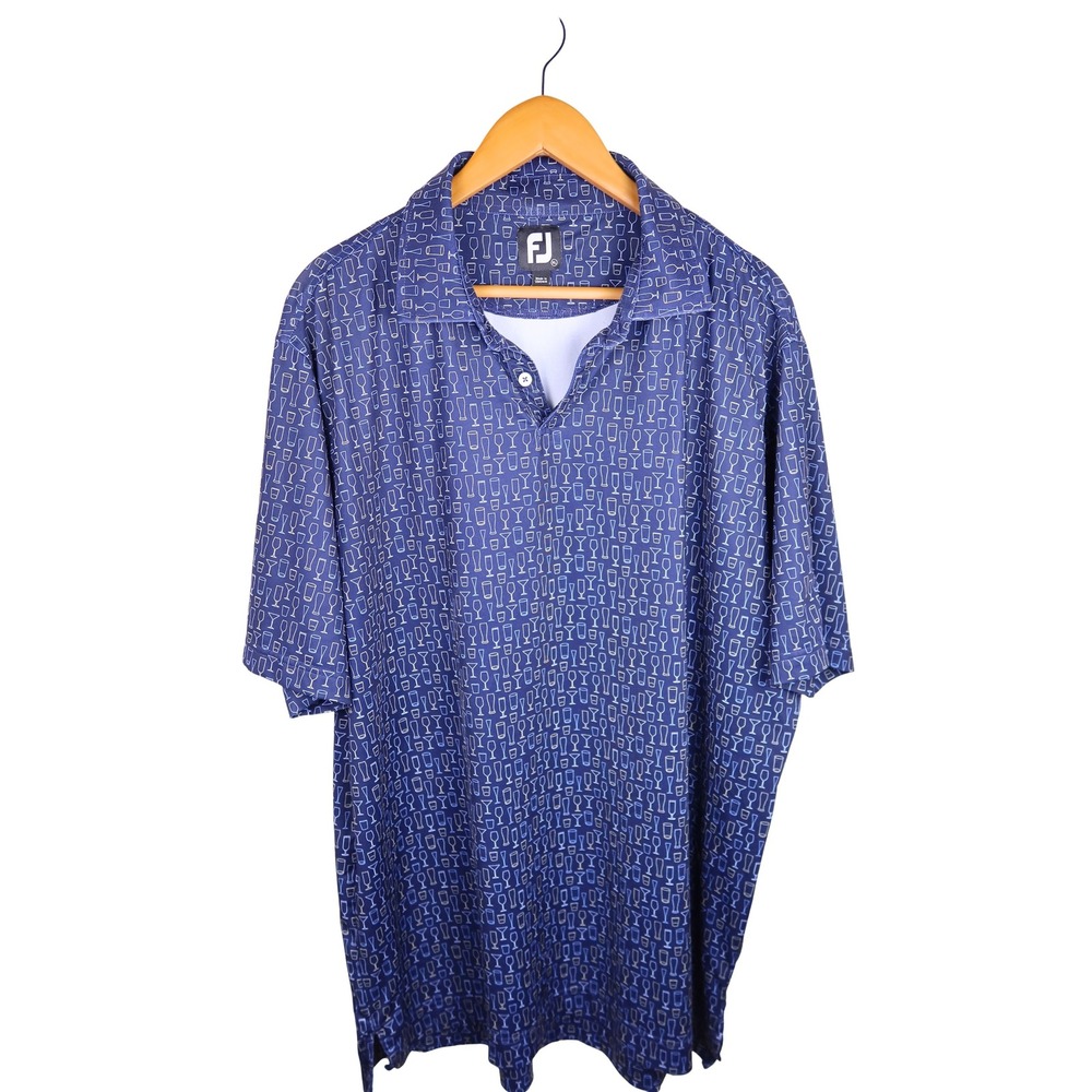 FootJoy Mens XL Blue Cocktail Glass Print Lisle Golf Polo Shirt Short Sleeve FJ